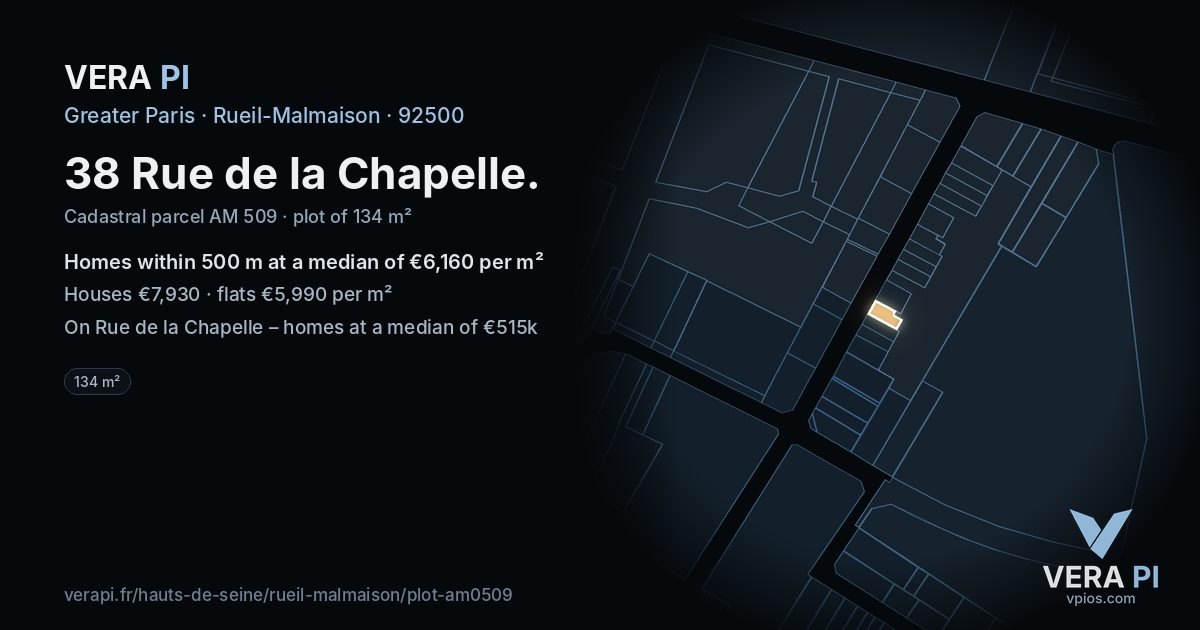 38 Rue de la Chapelle, Rueil-Malmaison at night – the plot lit, the parcels around coloured by the prices near them