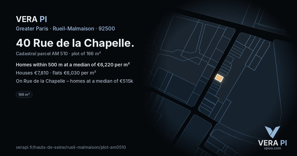 40 Rue de la Chapelle, Rueil-Malmaison at night – the plot lit, the parcels around coloured by the prices near them