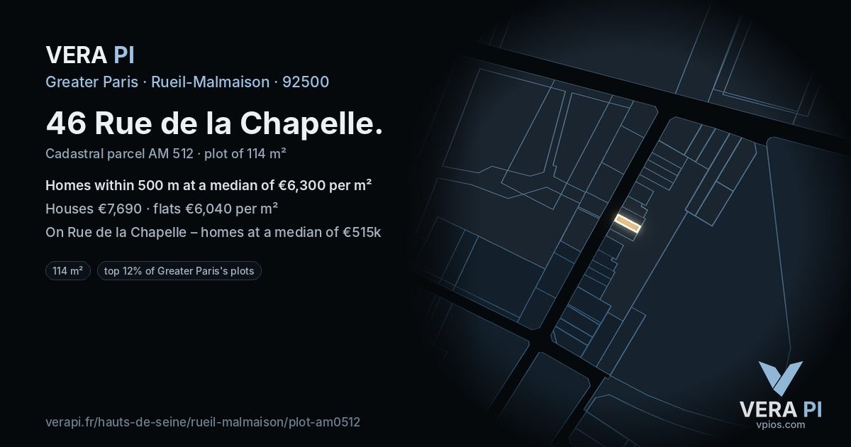 46 Rue de la Chapelle, Rueil-Malmaison at night – the plot lit, the parcels around coloured by the prices near them