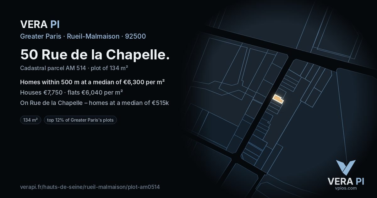 50 Rue de la Chapelle, Rueil-Malmaison at night – the plot lit, the parcels around coloured by the prices near them