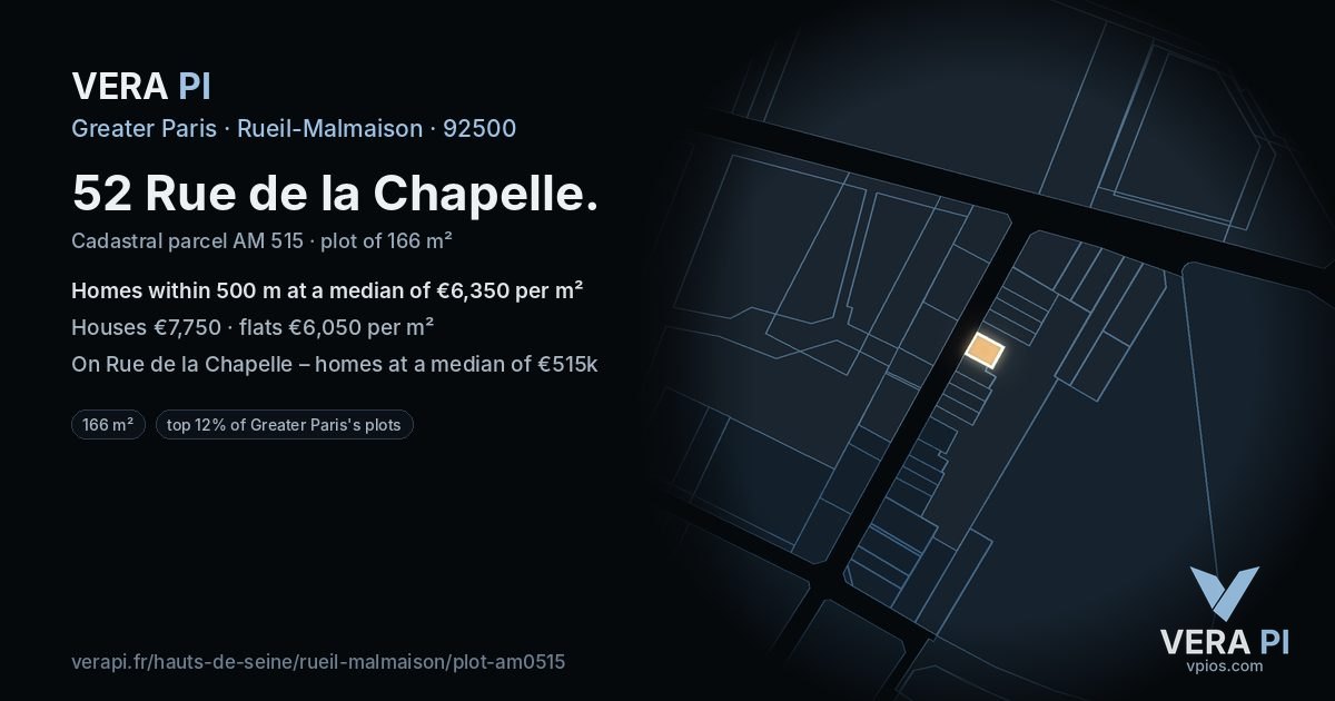 52 Rue de la Chapelle, Rueil-Malmaison at night – the plot lit, the parcels around coloured by the prices near them