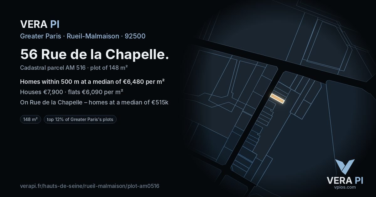 56 Rue de la Chapelle, Rueil-Malmaison at night – the plot lit, the parcels around coloured by the prices near them