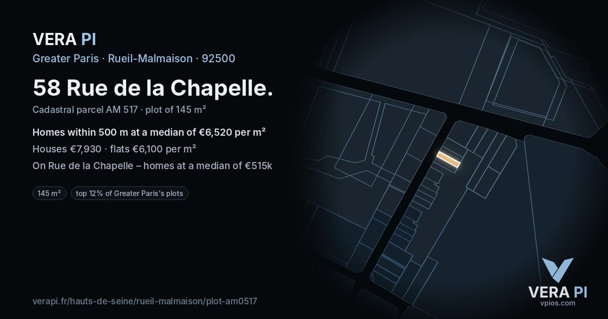 58 Rue de la Chapelle, Rueil-Malmaison at night – the plot lit, the parcels around coloured by the prices near them