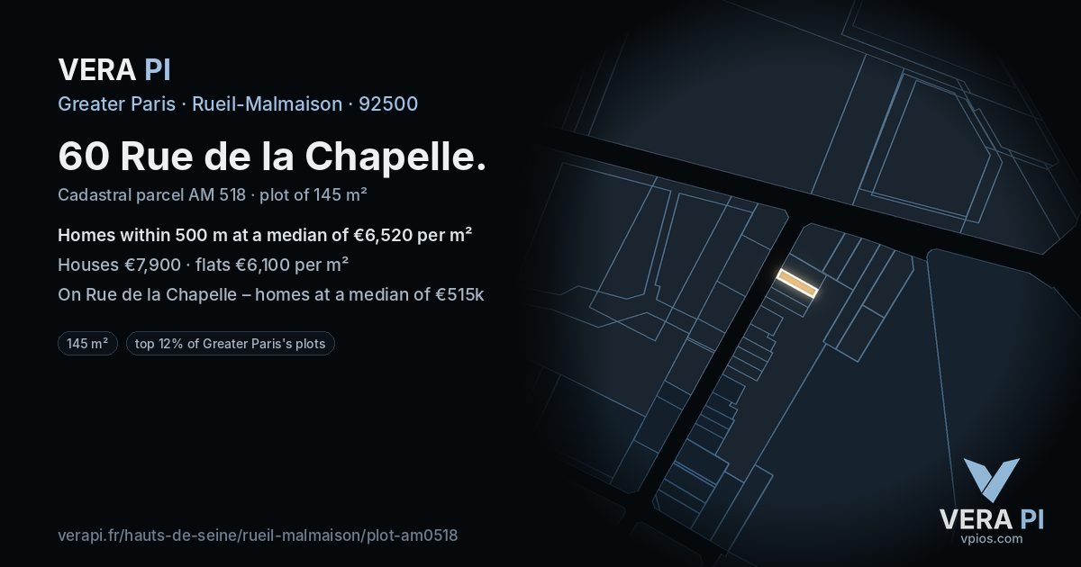 60 Rue de la Chapelle, Rueil-Malmaison at night – the plot lit, the parcels around coloured by the prices near them