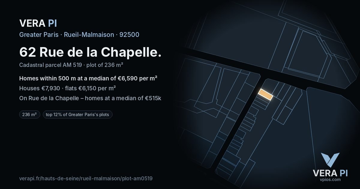 62 Rue de la Chapelle, Rueil-Malmaison at night – the plot lit, the parcels around coloured by the prices near them
