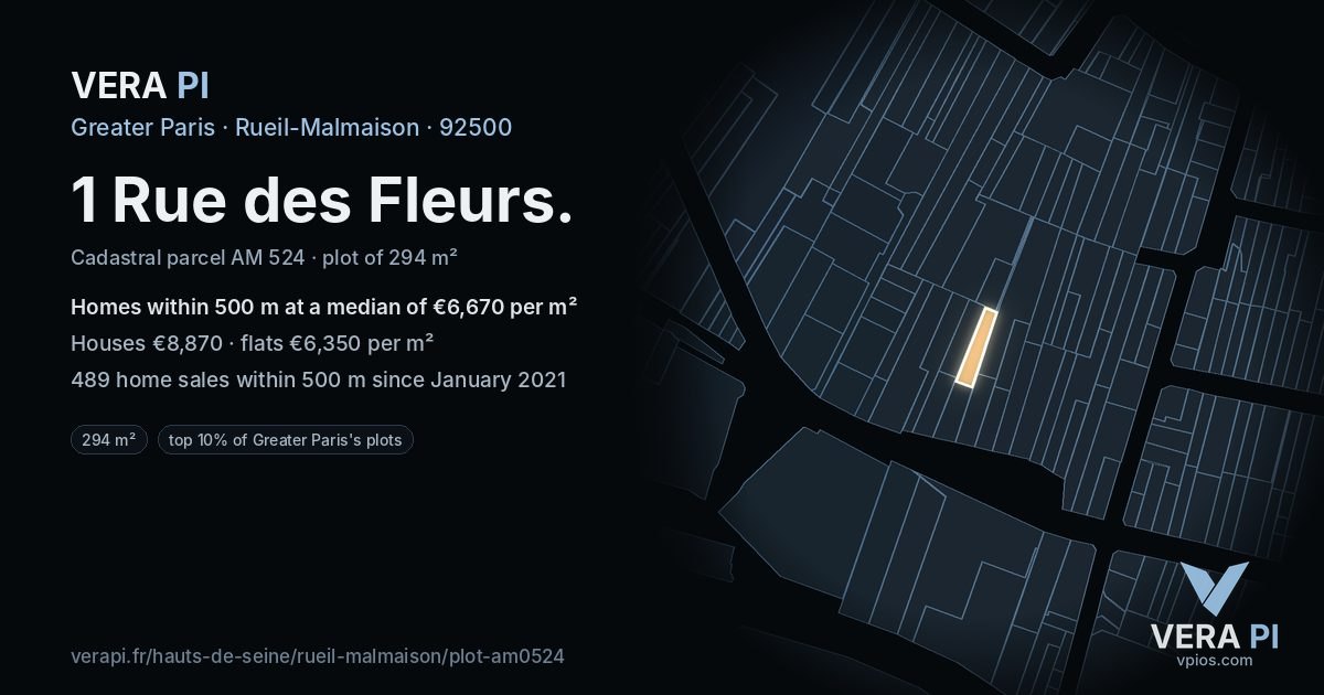 1 Rue des Fleurs, Rueil-Malmaison at night – the plot lit, the parcels around coloured by the prices near them
