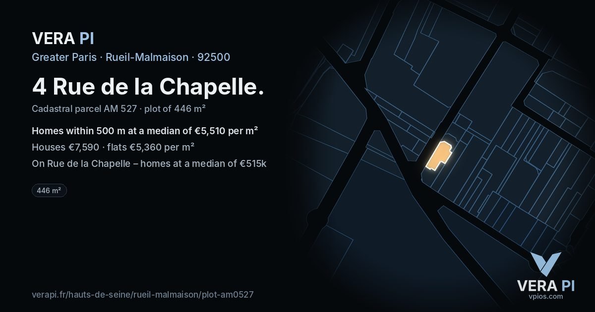 4 Rue de la Chapelle, Rueil-Malmaison at night – the plot lit, the parcels around coloured by the prices near them