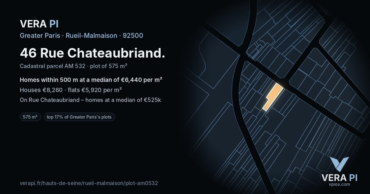 46 Rue Chateaubriand, Rueil-Malmaison at night – the plot lit, the parcels around coloured by the prices near them