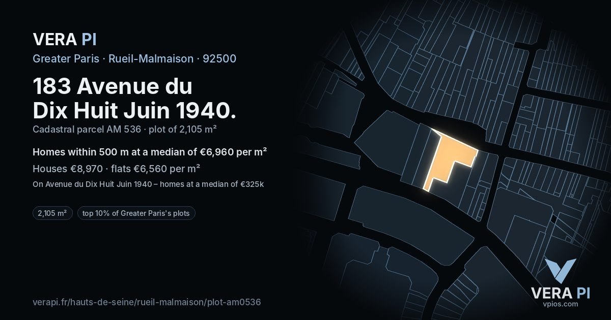 183 Avenue du Dix Huit Juin 1940, Rueil-Malmaison at night – the plot lit, the parcels around coloured by the prices near them