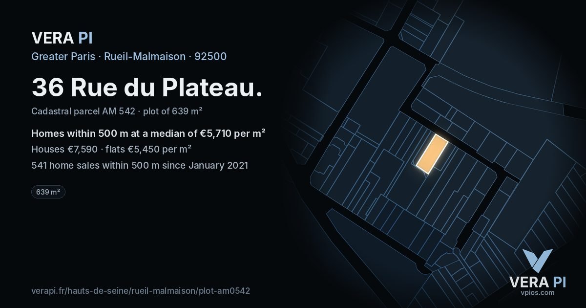 36 Rue du Plateau, Rueil-Malmaison at night – the plot lit, the parcels around coloured by the prices near them