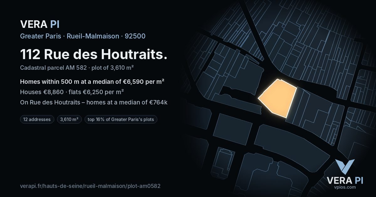 112 Rue des Houtraits, Rueil-Malmaison at night – the plot lit, the parcels around coloured by the prices near them