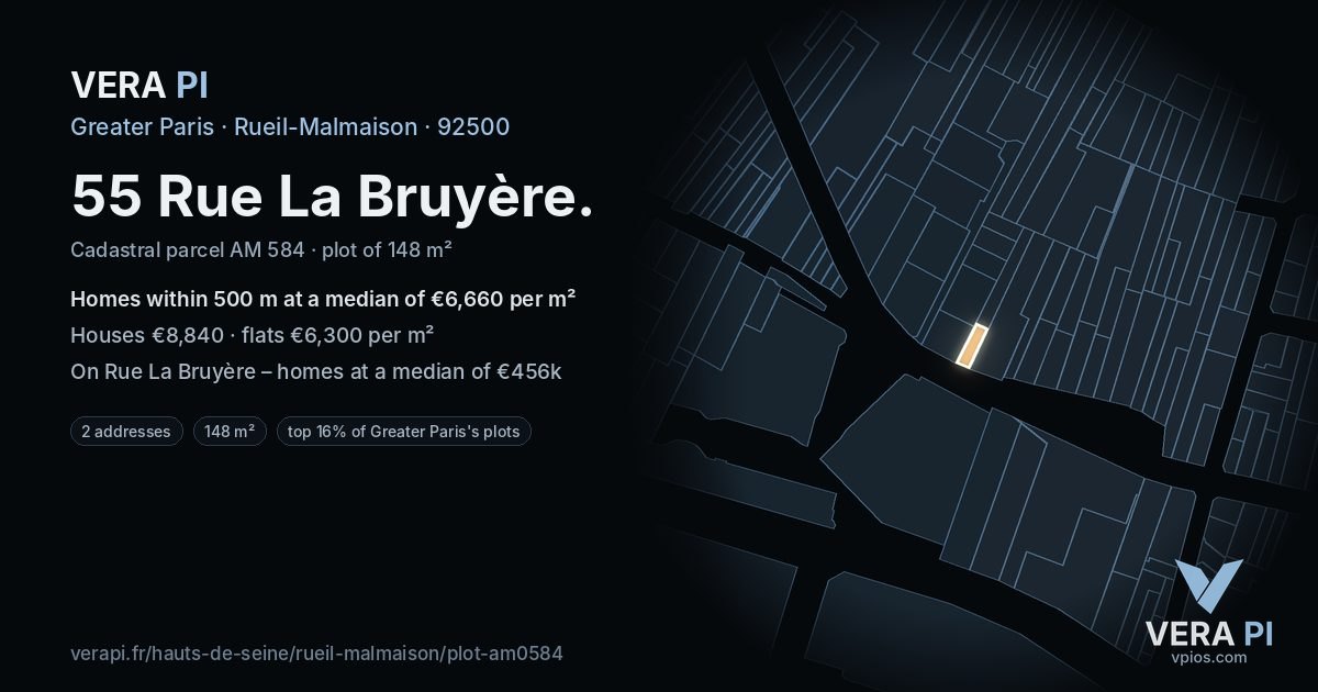 55 Rue La Bruyère, Rueil-Malmaison at night – the plot lit, the parcels around coloured by the prices near them