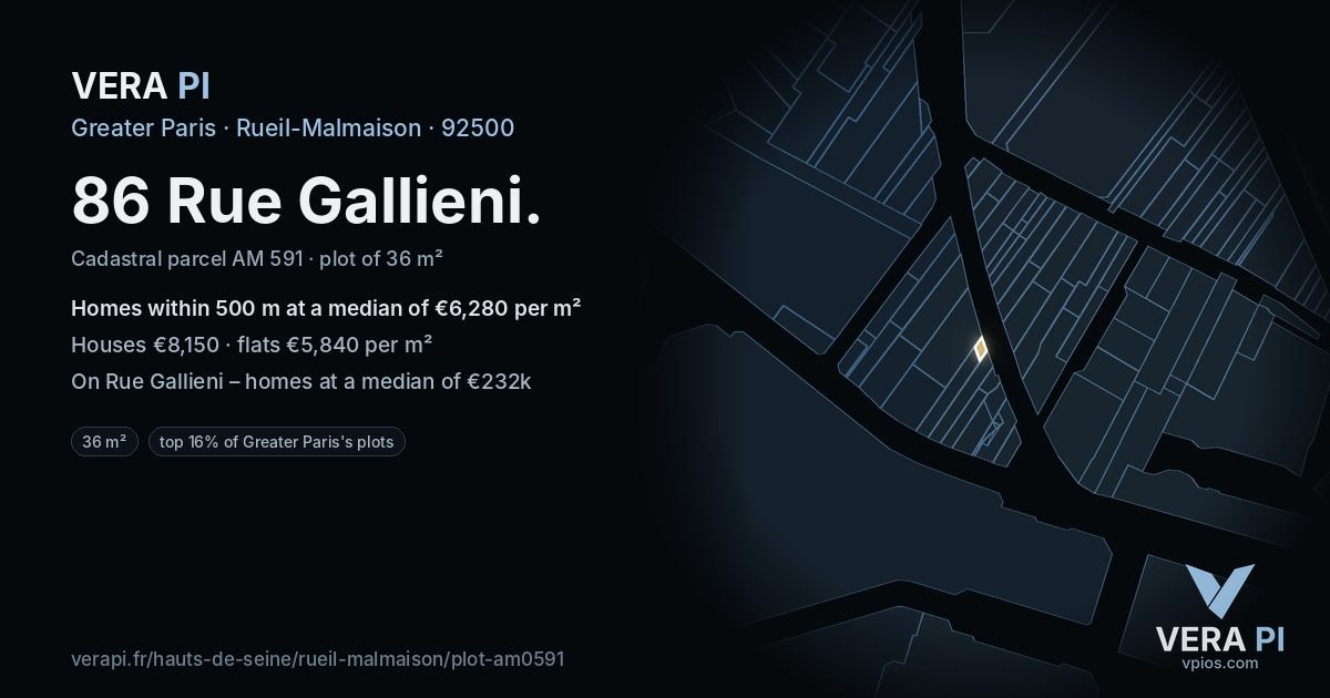 86 Rue Gallieni, Rueil-Malmaison at night – the plot lit, the parcels around coloured by the prices near them