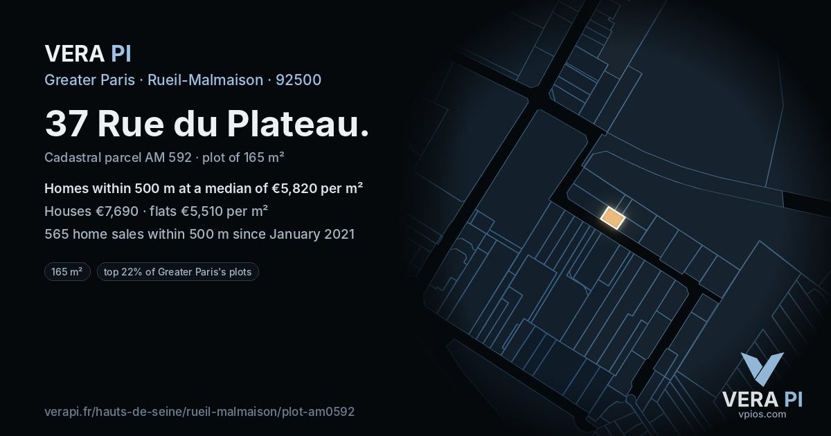 37 Rue du Plateau, Rueil-Malmaison at night – the plot lit, the parcels around coloured by the prices near them