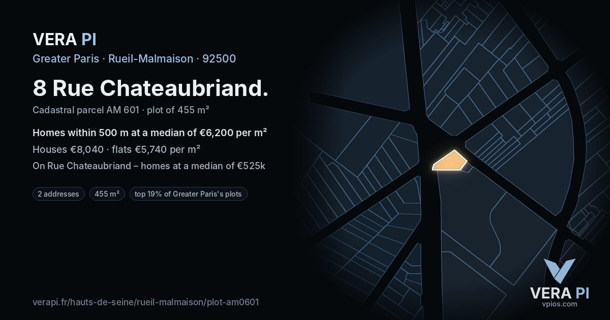 8 Rue Chateaubriand, Rueil-Malmaison at night – the plot lit, the parcels around coloured by the prices near them