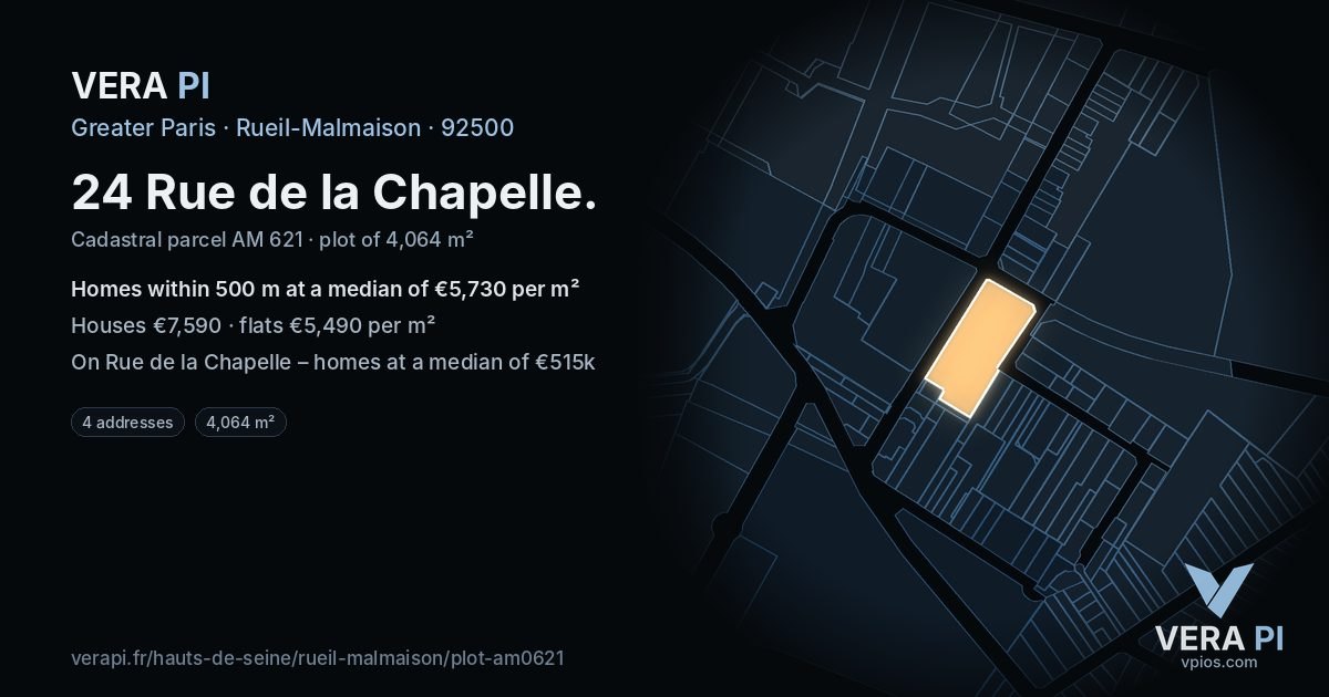 24 Rue de la Chapelle, Rueil-Malmaison at night – the plot lit, the parcels around coloured by the prices near them