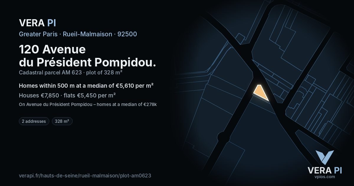 120 Avenue du Président Pompidou, Rueil-Malmaison at night – the plot lit, the parcels around coloured by the prices near them