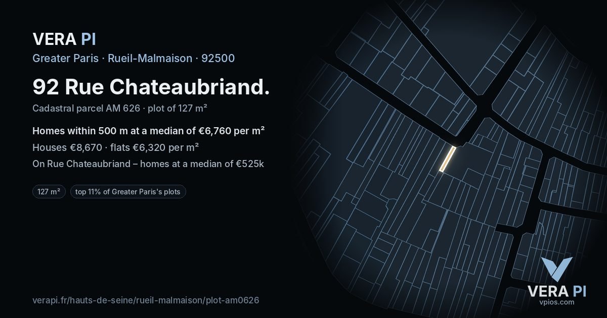 92 Rue Chateaubriand, Rueil-Malmaison at night – the plot lit, the parcels around coloured by the prices near them
