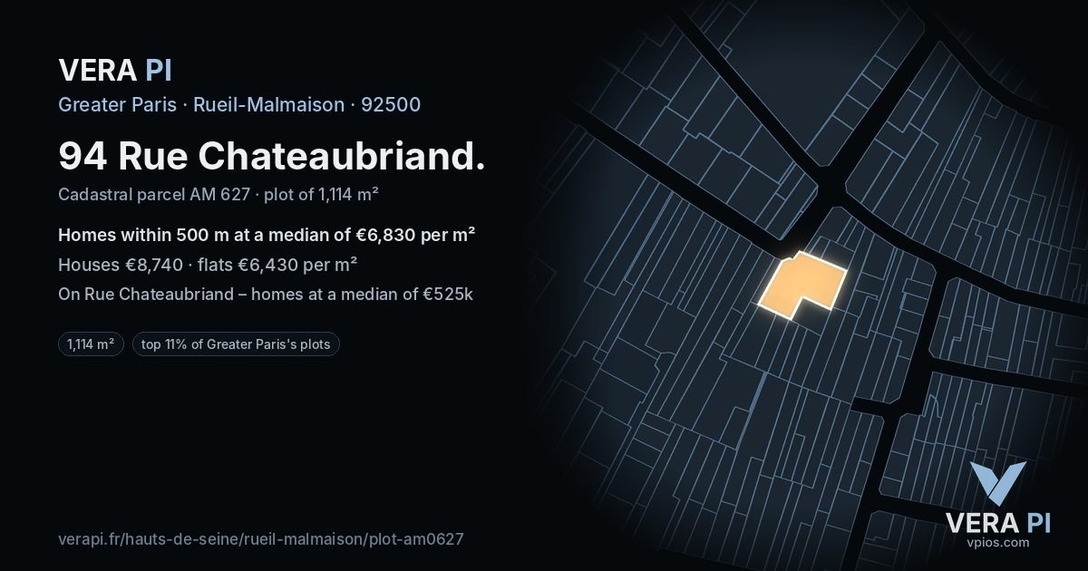 94 Rue Chateaubriand, Rueil-Malmaison at night – the plot lit, the parcels around coloured by the prices near them