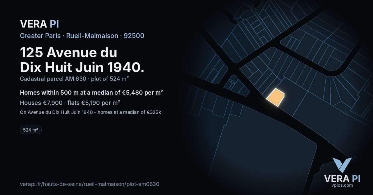 125 Avenue du Dix Huit Juin 1940, Rueil-Malmaison at night – the plot lit, the parcels around coloured by the prices near them