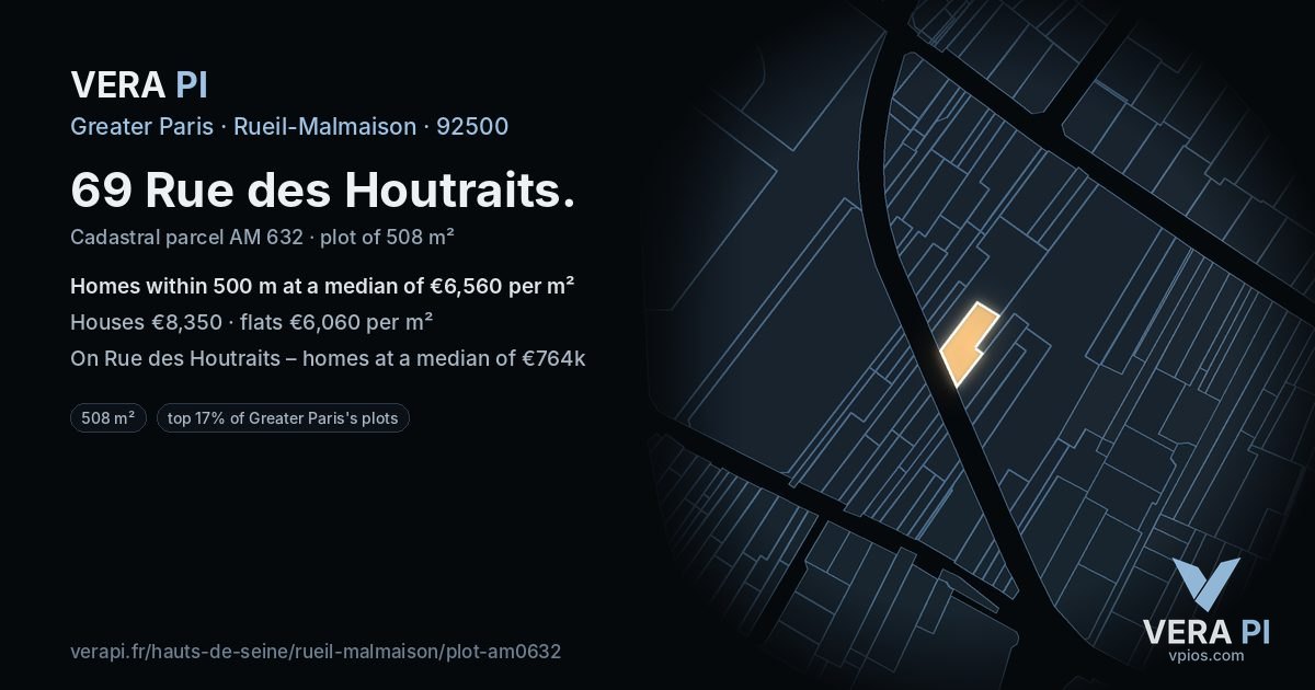 69 Rue des Houtraits, Rueil-Malmaison at night – the plot lit, the parcels around coloured by the prices near them