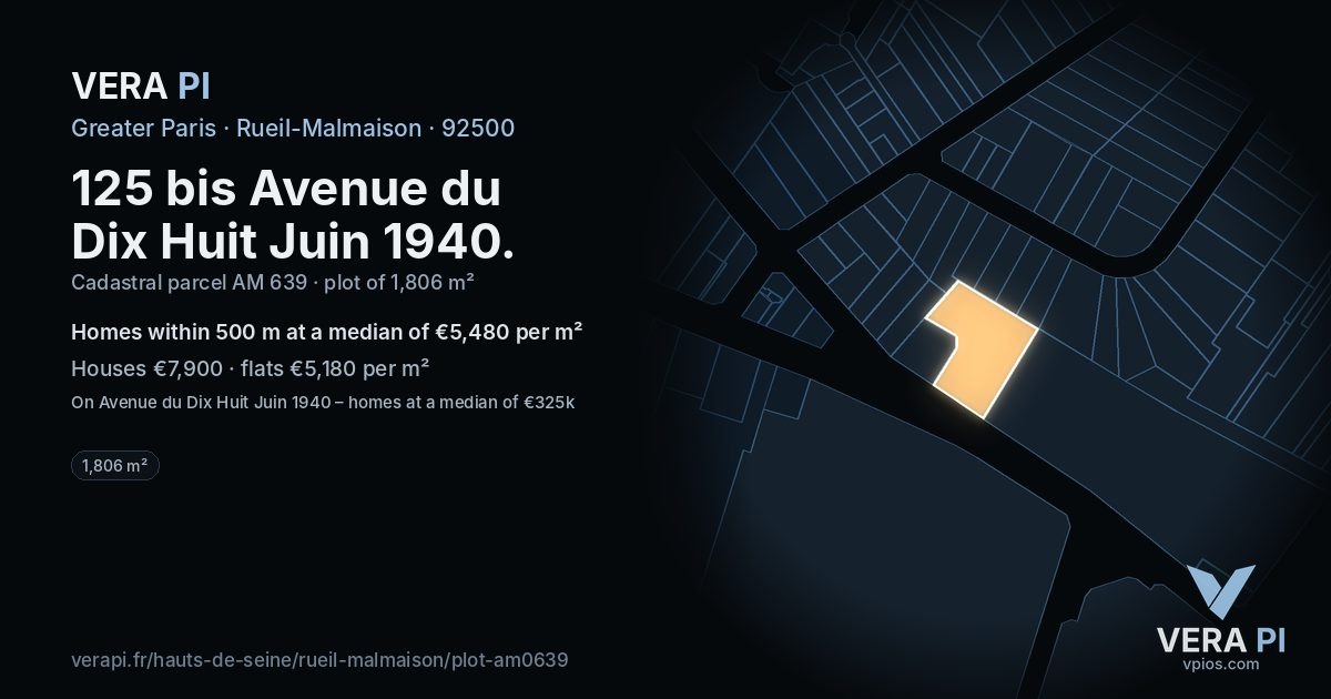 125 bis Avenue du Dix Huit Juin 1940, Rueil-Malmaison at night – the plot lit, the parcels around coloured by the prices near them