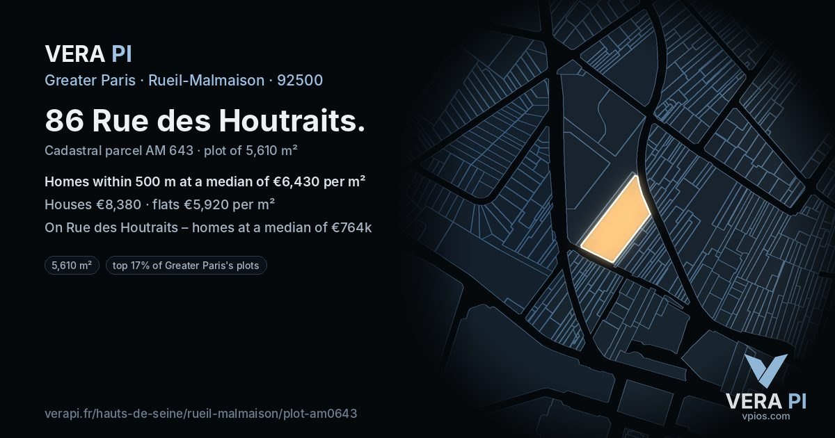86 Rue des Houtraits, Rueil-Malmaison at night – the plot lit, the parcels around coloured by the prices near them