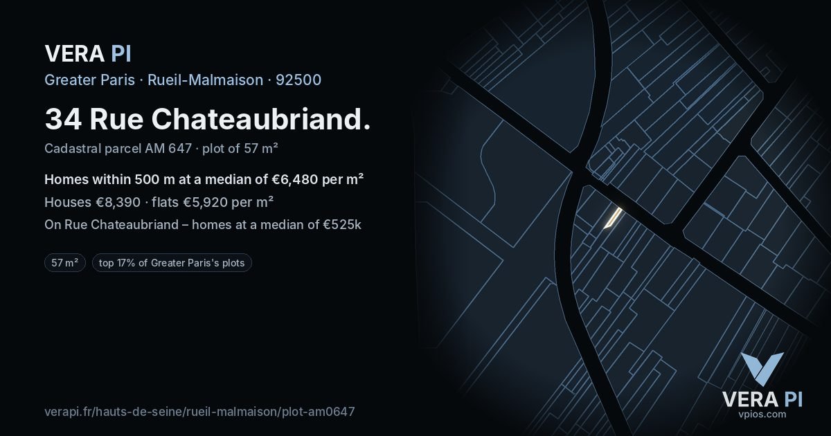 34 Rue Chateaubriand, Rueil-Malmaison at night – the plot lit, the parcels around coloured by the prices near them