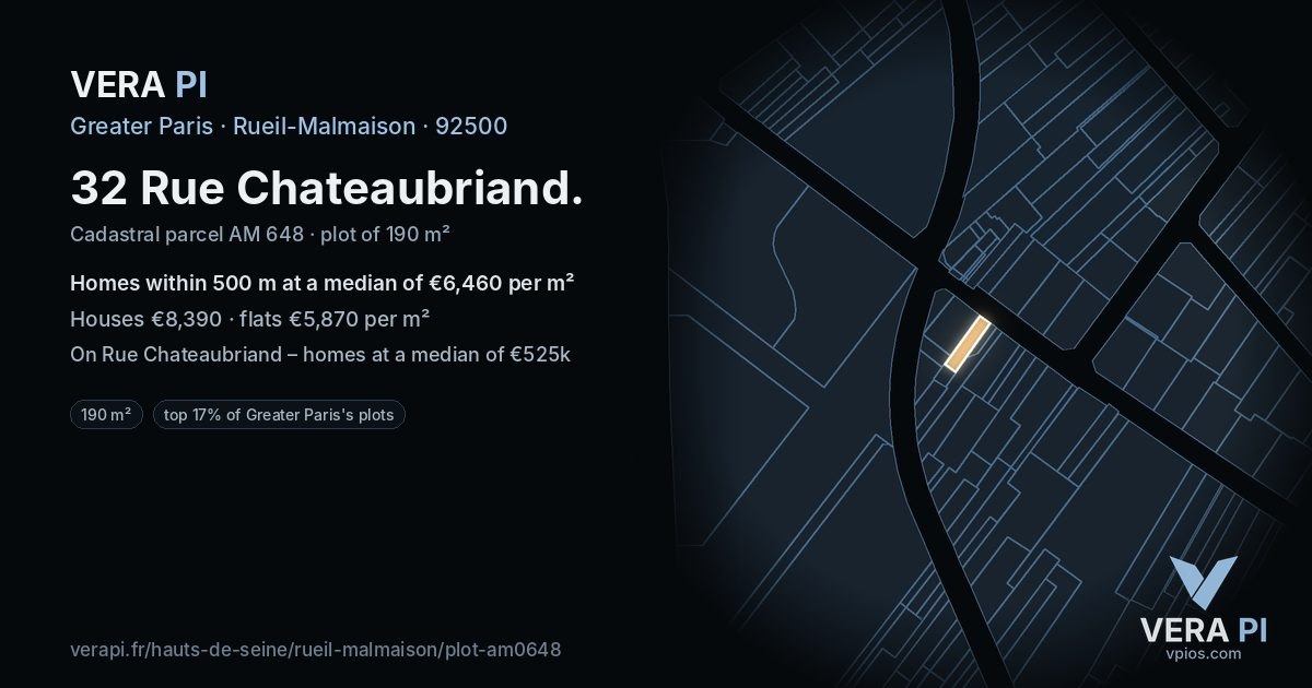 32 Rue Chateaubriand, Rueil-Malmaison at night – the plot lit, the parcels around coloured by the prices near them