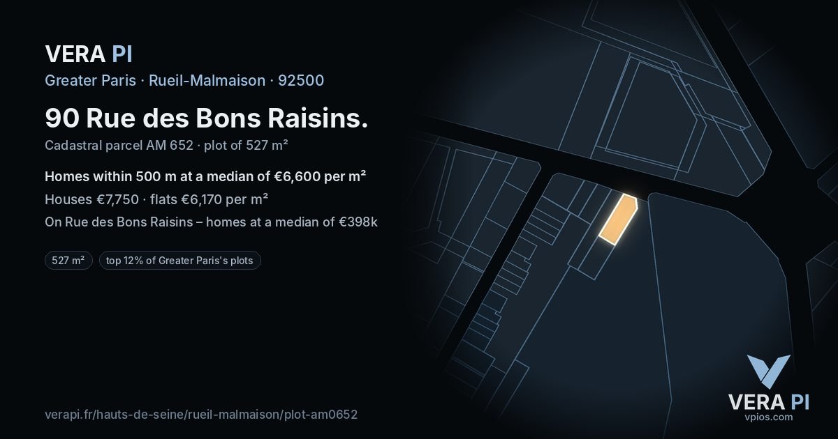 90 Rue des Bons Raisins, Rueil-Malmaison at night – the plot lit, the parcels around coloured by the prices near them