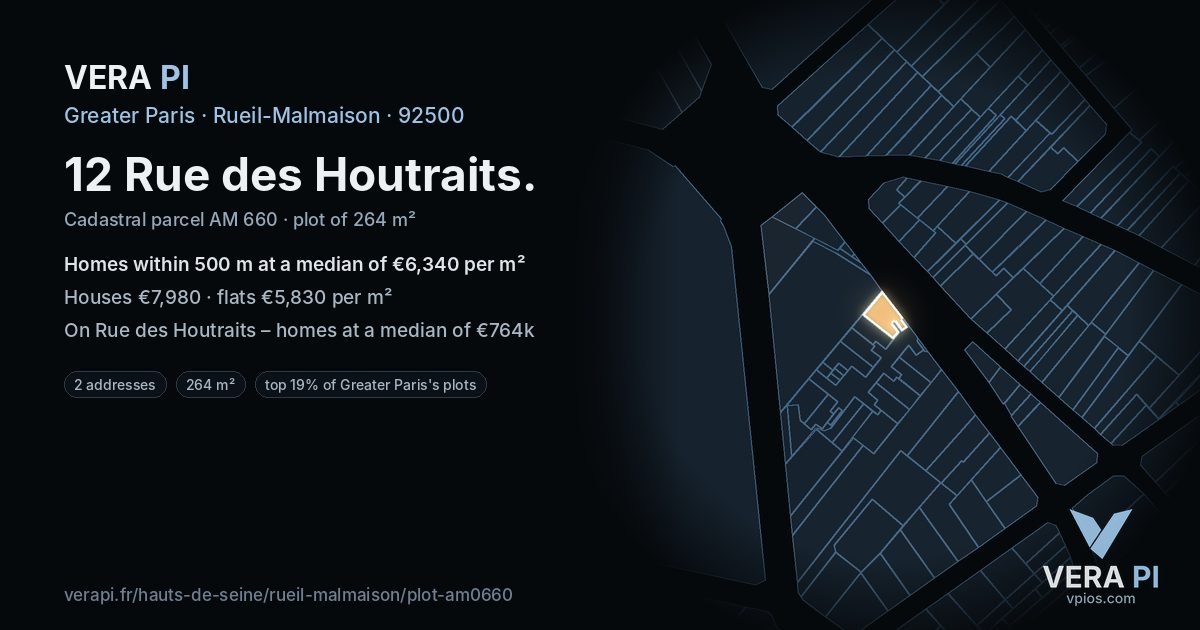 12 Rue des Houtraits, Rueil-Malmaison at night – the plot lit, the parcels around coloured by the prices near them