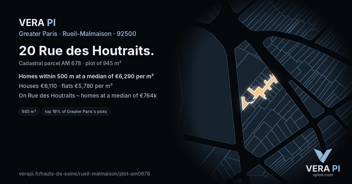 20 Rue des Houtraits, Rueil-Malmaison at night – the plot lit, the parcels around coloured by the prices near them