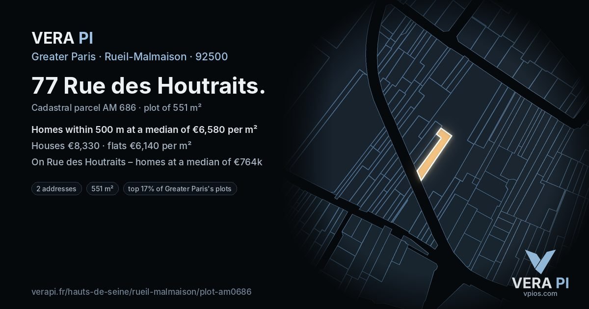 77 Rue des Houtraits, Rueil-Malmaison at night – the plot lit, the parcels around coloured by the prices near them