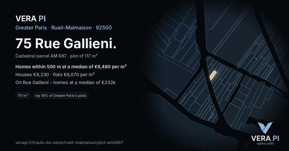 75 Rue Gallieni, Rueil-Malmaison at night – the plot lit, the parcels around coloured by the prices near them
