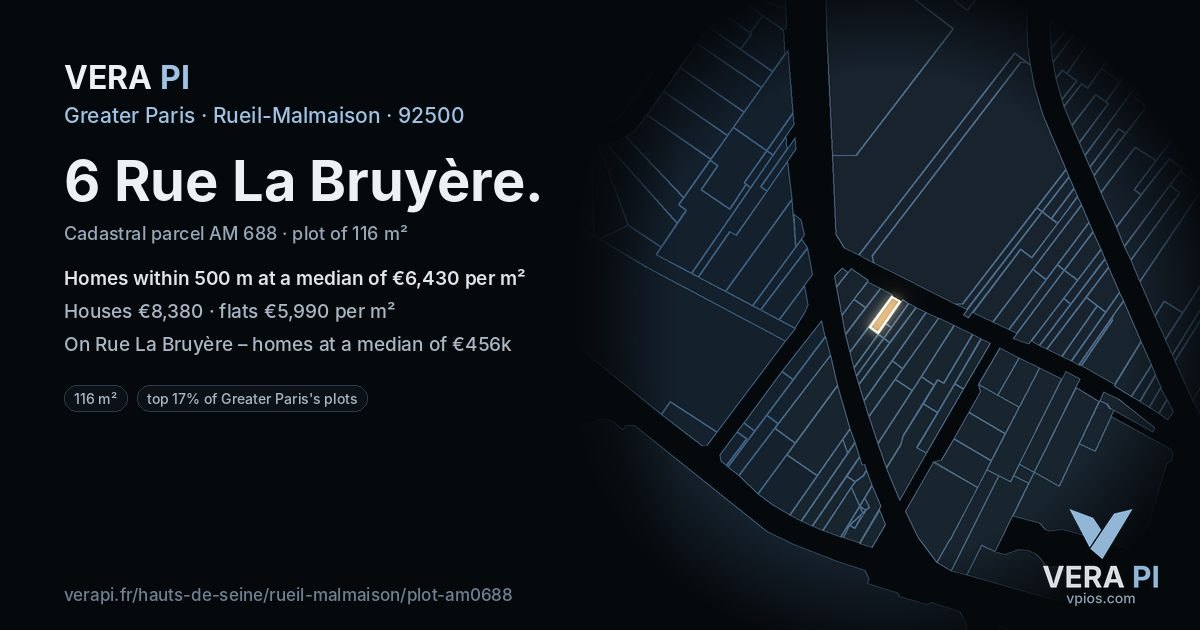 6 Rue La Bruyère, Rueil-Malmaison at night – the plot lit, the parcels around coloured by the prices near them