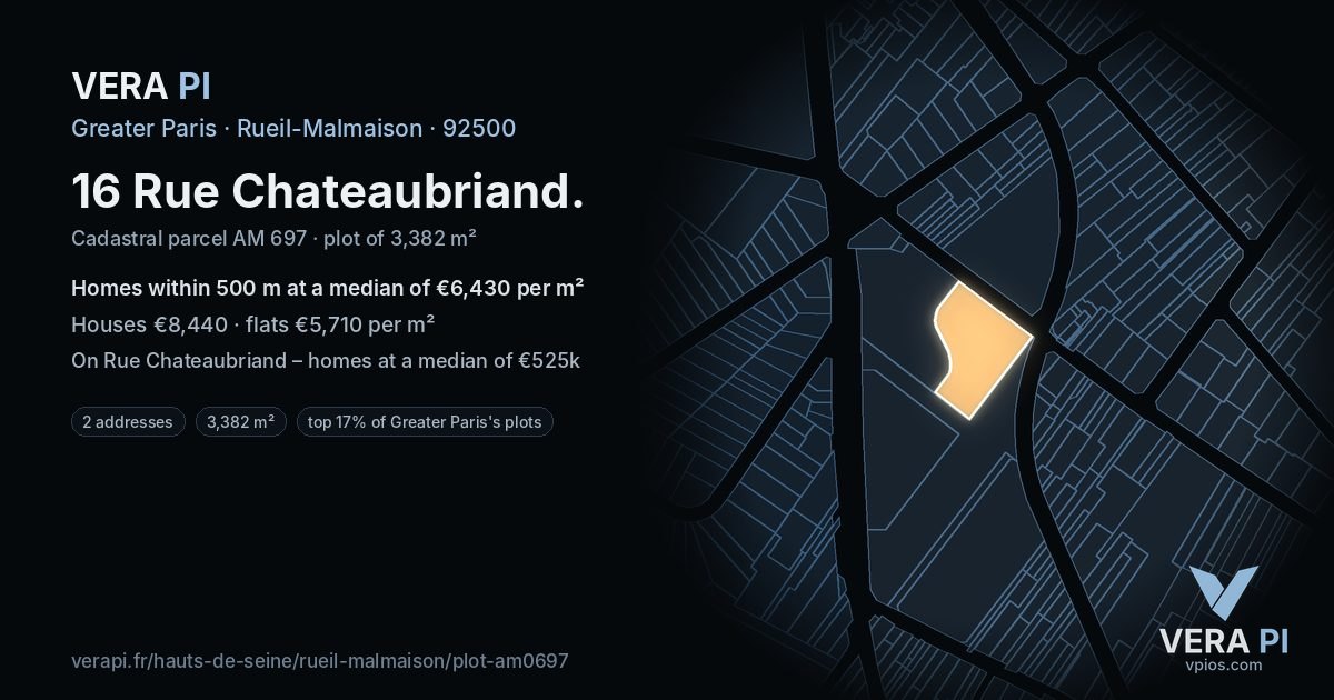 16 Rue Chateaubriand, Rueil-Malmaison at night – the plot lit, the parcels around coloured by the prices near them