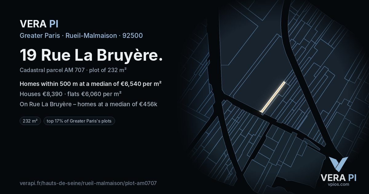 19 Rue La Bruyère, Rueil-Malmaison at night – the plot lit, the parcels around coloured by the prices near them