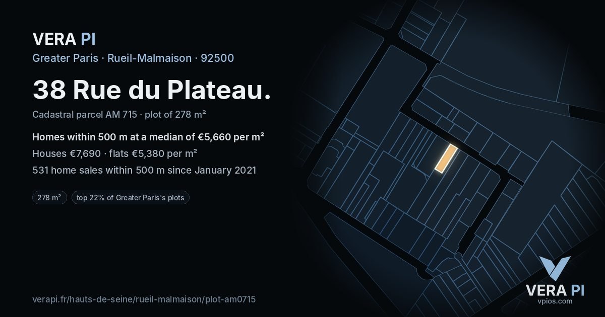 38 Rue du Plateau, Rueil-Malmaison at night – the plot lit, the parcels around coloured by the prices near them