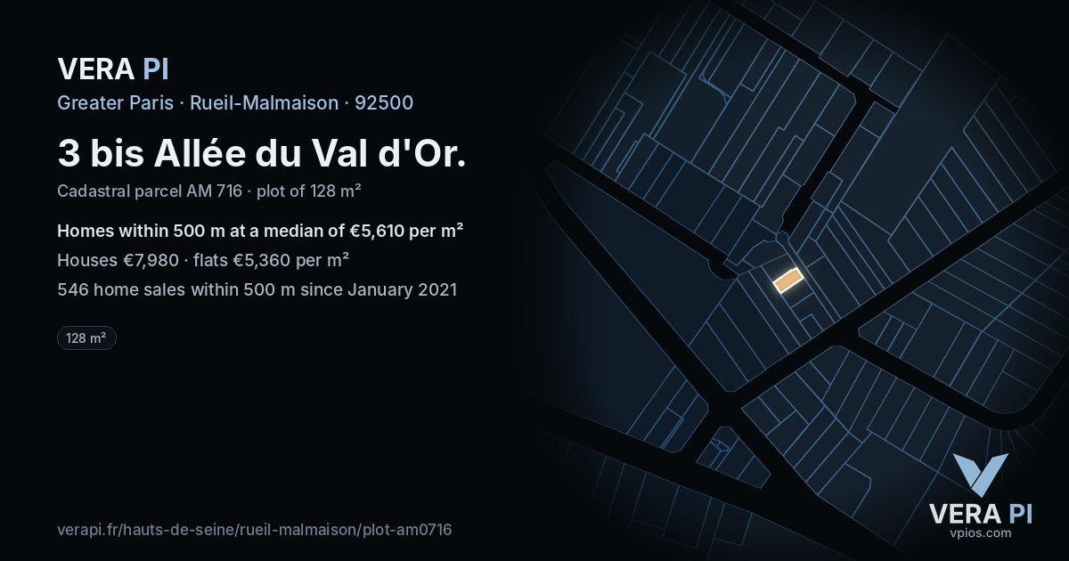 3 bis Allée du Val d'Or, Rueil-Malmaison at night – the plot lit, the parcels around coloured by the prices near them