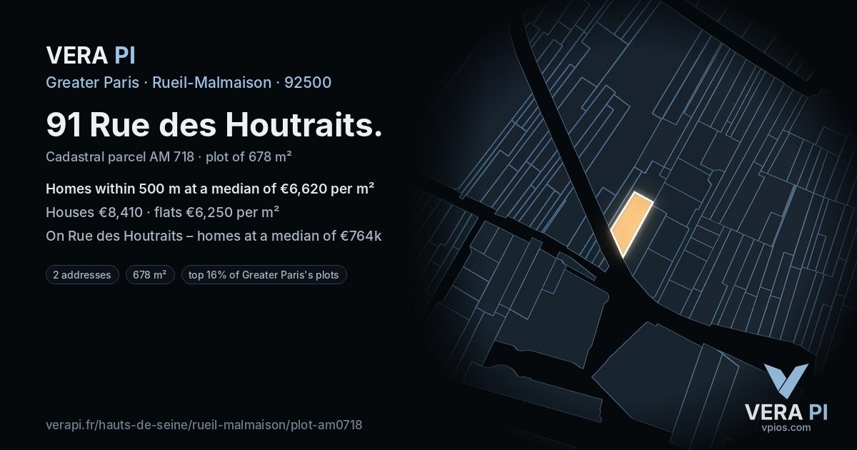 91 Rue des Houtraits, Rueil-Malmaison at night – the plot lit, the parcels around coloured by the prices near them