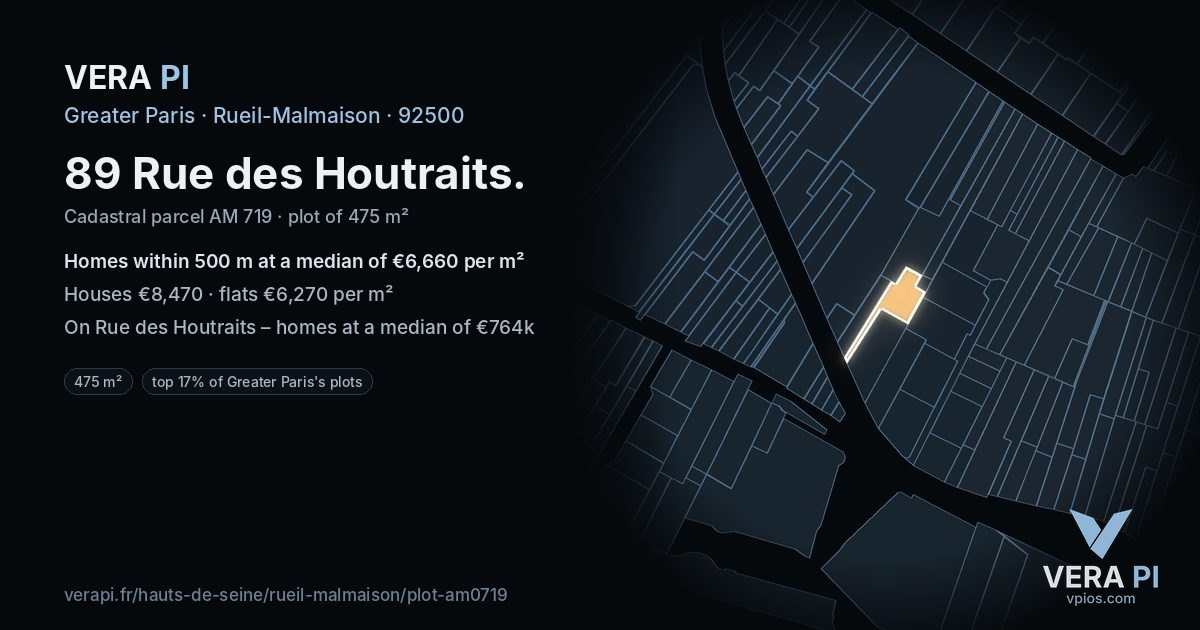 89 Rue des Houtraits, Rueil-Malmaison at night – the plot lit, the parcels around coloured by the prices near them