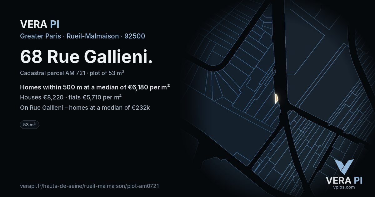 68 Rue Gallieni, Rueil-Malmaison at night – the plot lit, the parcels around coloured by the prices near them