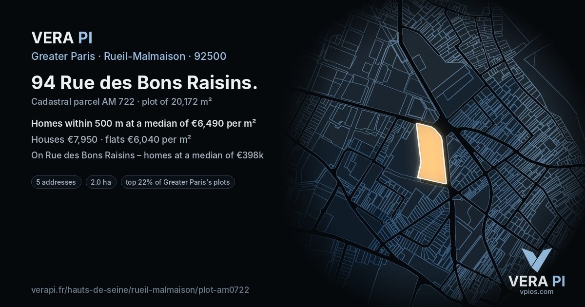 94 Rue des Bons Raisins, Rueil-Malmaison at night – the plot lit, the parcels around coloured by the prices near them