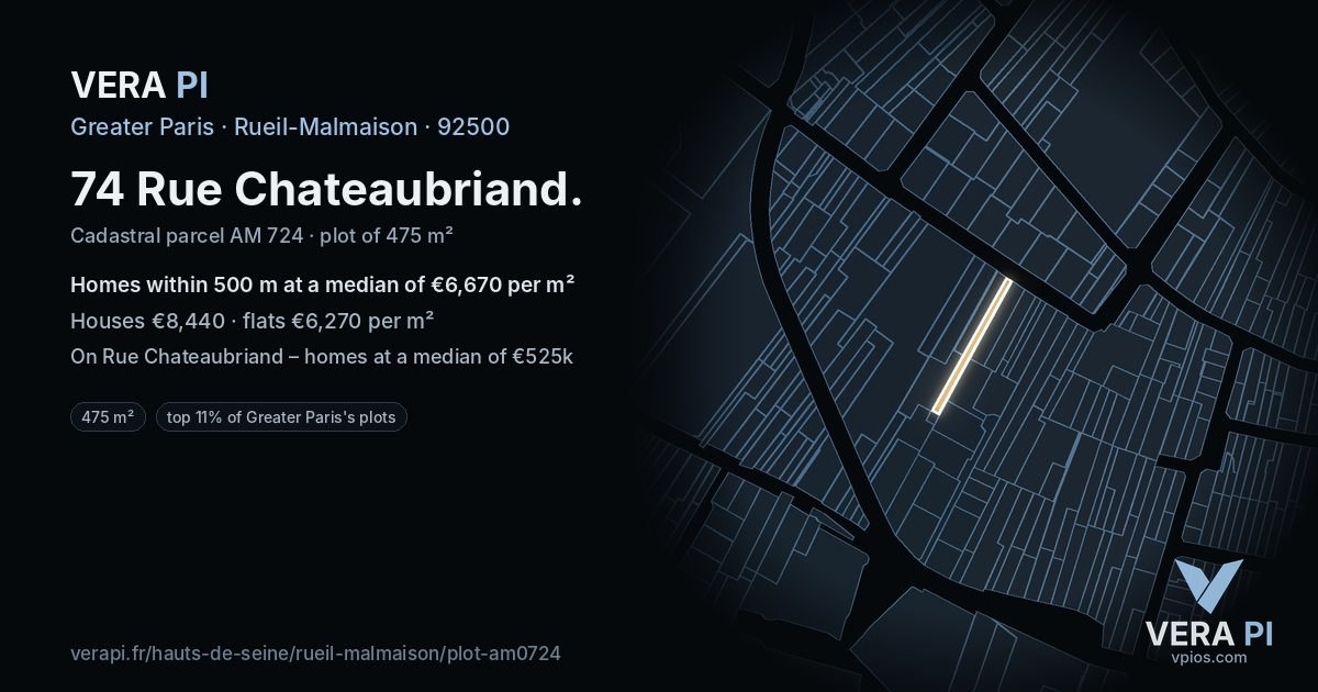 74 Rue Chateaubriand, Rueil-Malmaison at night – the plot lit, the parcels around coloured by the prices near them