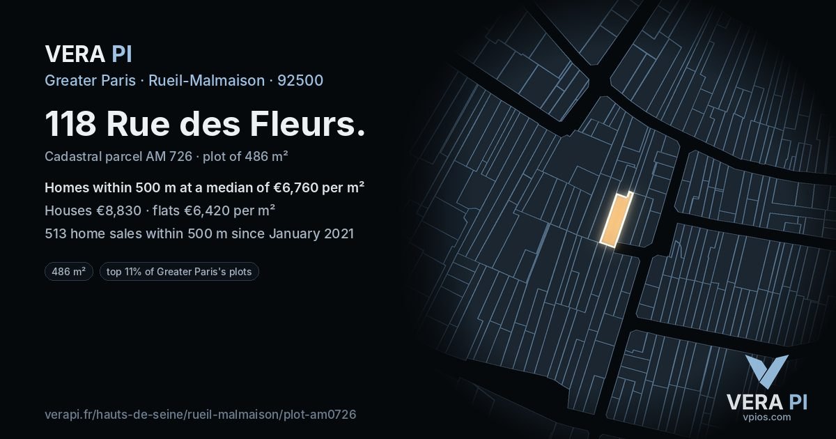 118 Rue des Fleurs, Rueil-Malmaison at night – the plot lit, the parcels around coloured by the prices near them