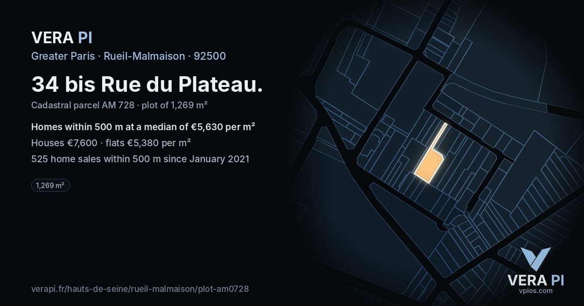 34 bis Rue du Plateau, Rueil-Malmaison at night – the plot lit, the parcels around coloured by the prices near them