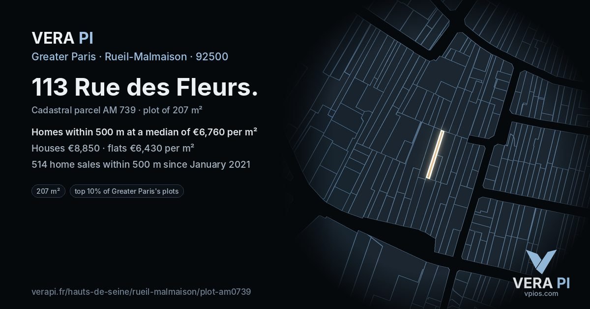 113 Rue des Fleurs, Rueil-Malmaison at night – the plot lit, the parcels around coloured by the prices near them