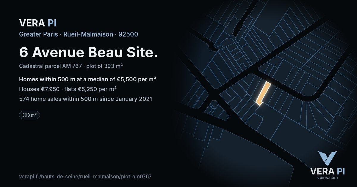 6 Avenue Beau Site, Rueil-Malmaison at night – the plot lit, the parcels around coloured by the prices near them