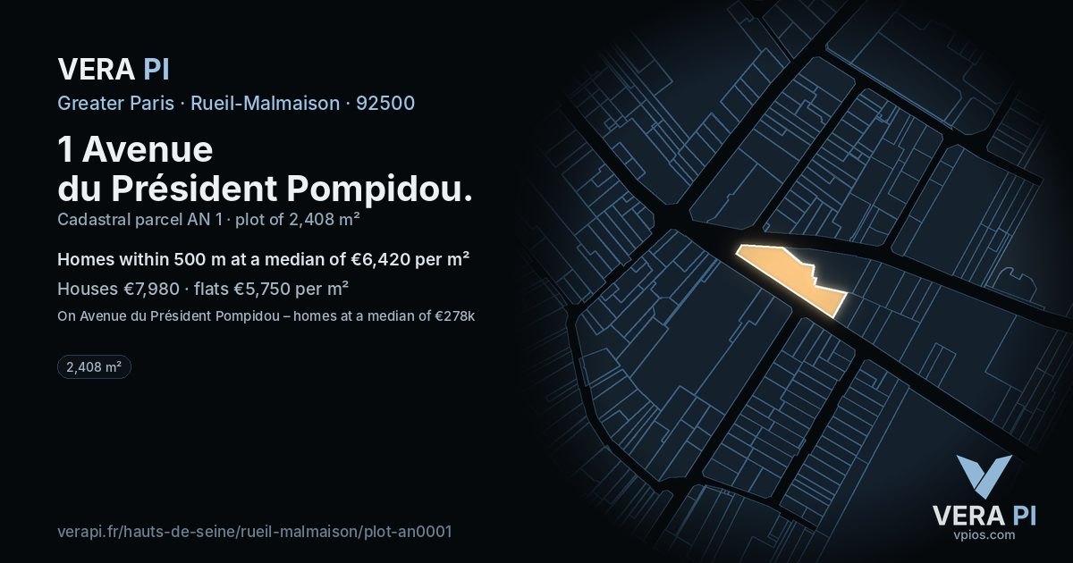 1 Avenue du Président Pompidou, Rueil-Malmaison at night – the plot lit, the parcels around coloured by the prices near them