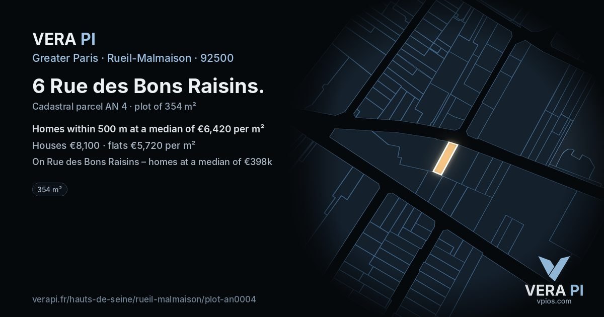 6 Rue des Bons Raisins, Rueil-Malmaison at night – the plot lit, the parcels around coloured by the prices near them